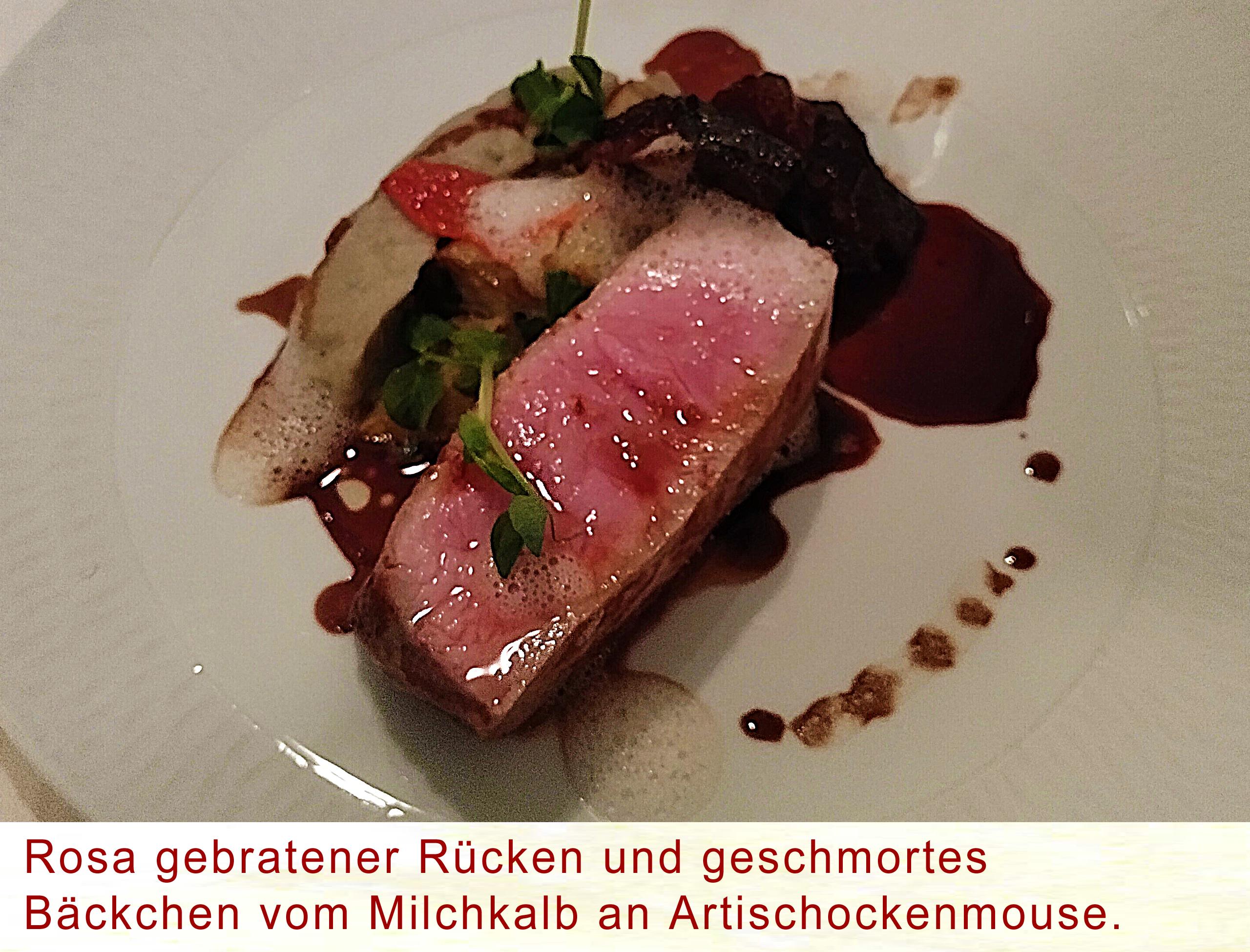 Rosa gebratener Rücken und geschmortes Bäckchen vom Milchkalb an Artischockenmouse.